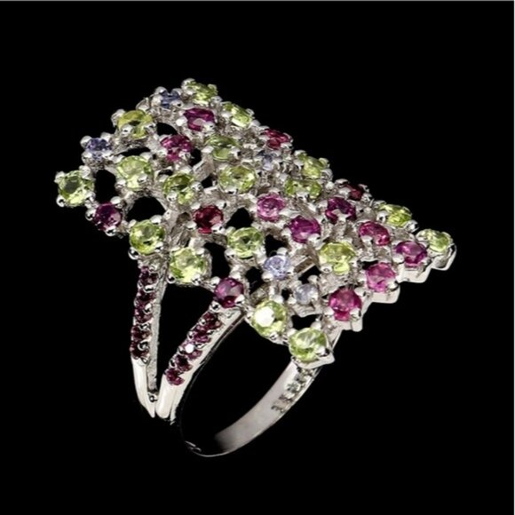 925 Sterling Silver Ring Sz 8.75 with Natural Peridot, Rhodolite Gemstones - Picture 2 of 3